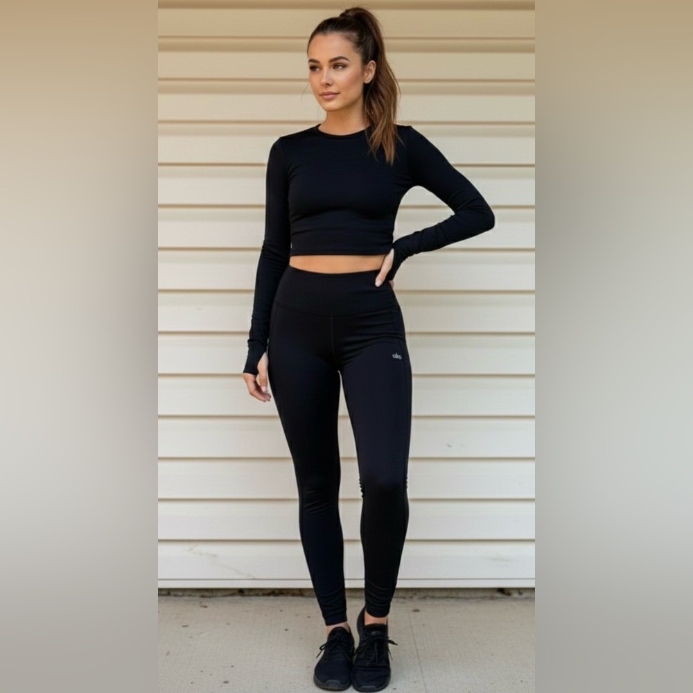 Alo Yoga High Waist Goddess Black Ribbed Joggers Size XXS (Fits XS/S too)
